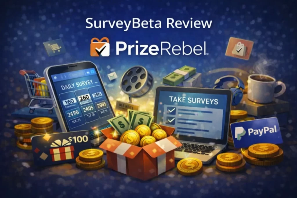 PrizeRebel review featured image showing survey rewards, PayPal cash, gift cards, and earning dashboard illustration