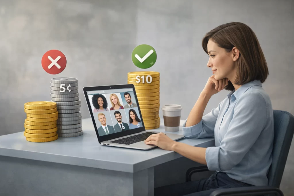 Woman participating in an online focus group on laptop with comparison between low-paying surveys and higher-paying studies