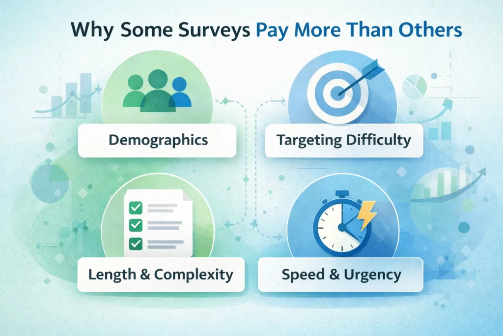 Infographic explaining why some paid surveys pay more based on demographics, targeting difficulty, survey length, and urgency