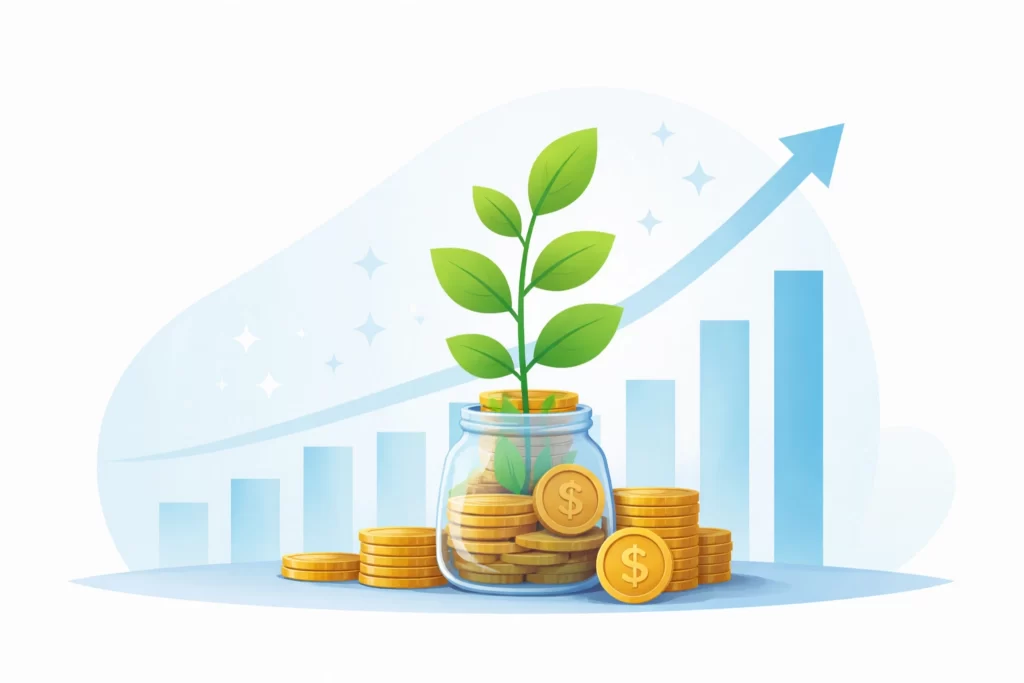 Money plant growing from coins in a jar with upward arrow chart symbolizing survey earnings invested for long-term financial growth
