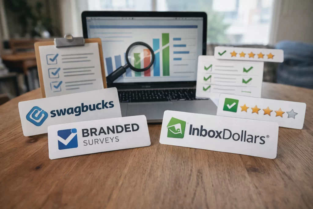 Swagbucks, Branded Surveys and InboxDollars logos displayed in front of a laptop with survey comparison charts