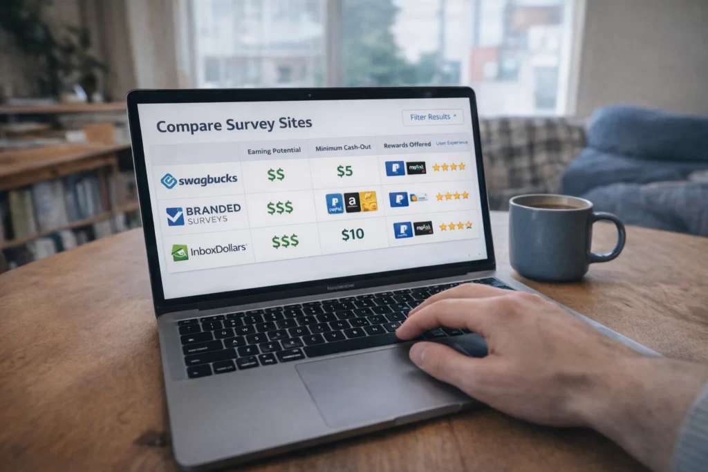 Laptop displaying a paid survey site comparison table with Swagbucks, Branded Surveys, and InboxDollars