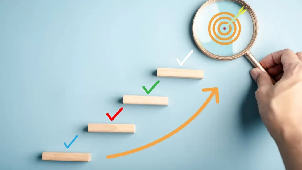 Magnifying glass highlighting a target above ascending steps with check marks representing structured evaluation and ranking criteria