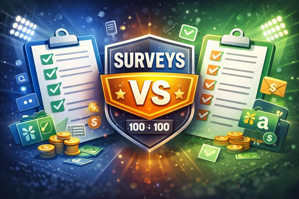Paid survey sites comparison illustration showing two survey platforms facing off with checklist clipboards, rewards icons, gift cards, and coins in a head to head survey site battle.