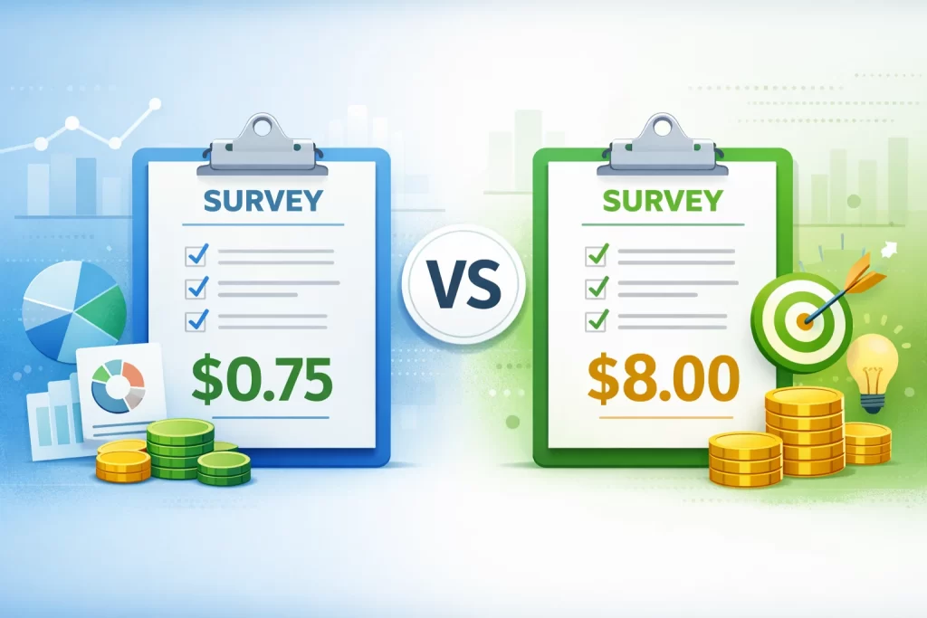 Survey payout comparison showing $0.75 vs $8.00 to explain why survey earnings vary