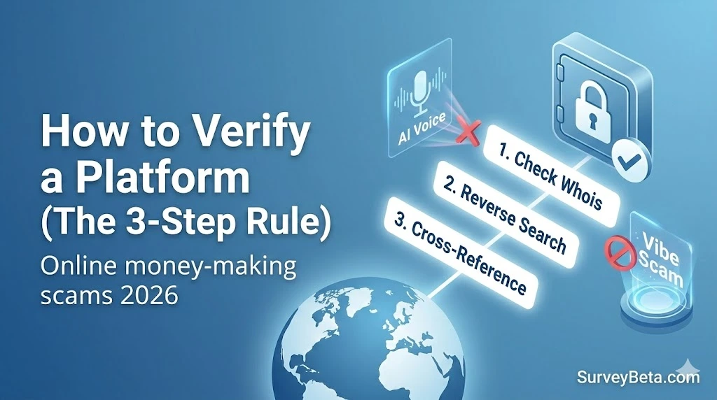 Graphic showing how to verify an online platform using a 3 step rule including check WHOIS, reverse search, and cross reference to avoid money making scams in 2026