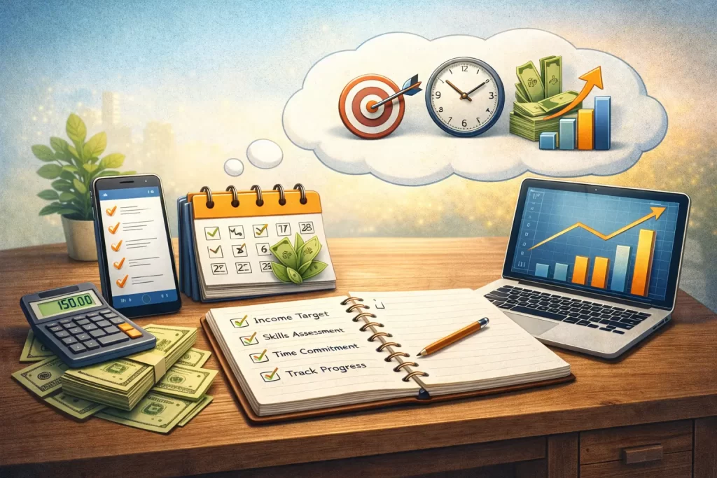 desk with laptop calendar calculator money and planning notebook representing setting realistic side hustle income goals