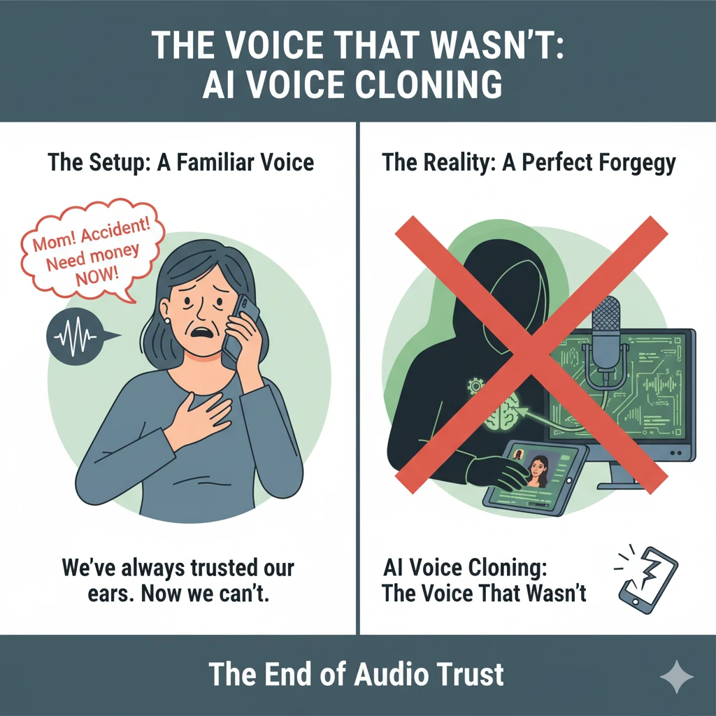 illustration explaining AI voice cloning scam where scammers impersonate a familiar voice to request money