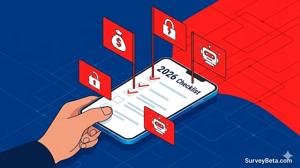 Illustration of smartphone displaying 2026 survey scam checklist with warning flags for fake payouts, account locks, and security risks