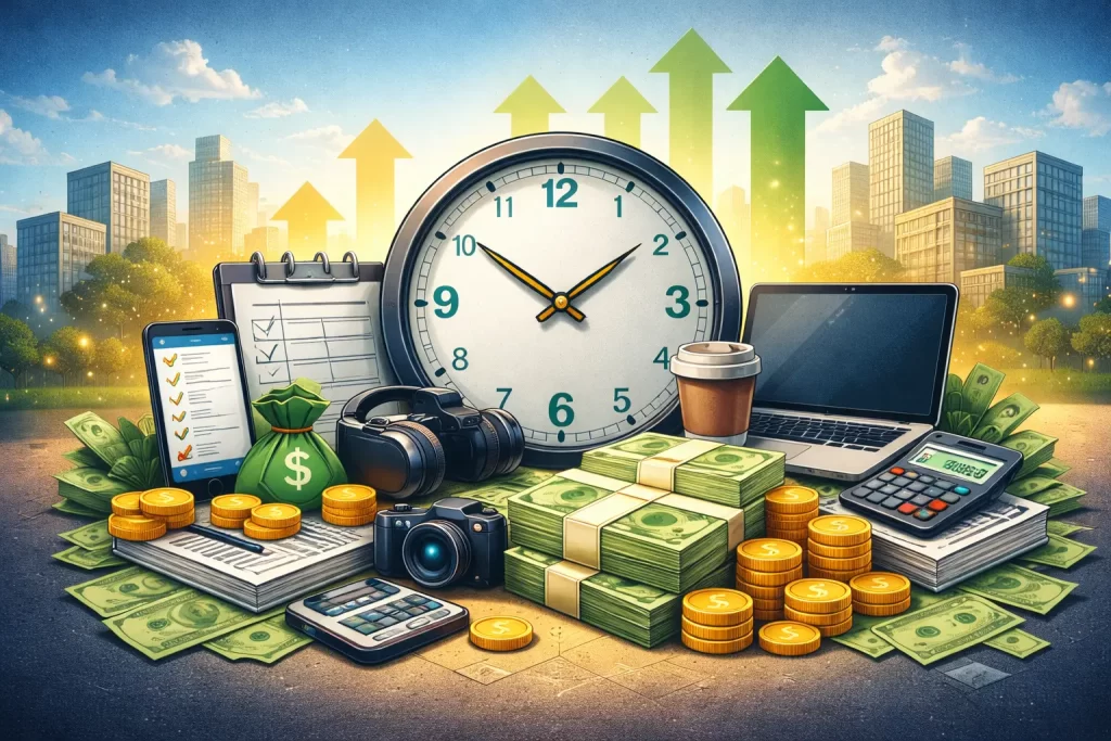 clock with money laptop and business tools representing hourly side hustle income and online work opportunities