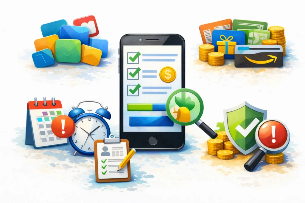 illustration showing strategies to earn more with survey apps including multiple apps, higher payouts, frequent activity, profile optimization, and scam protection
