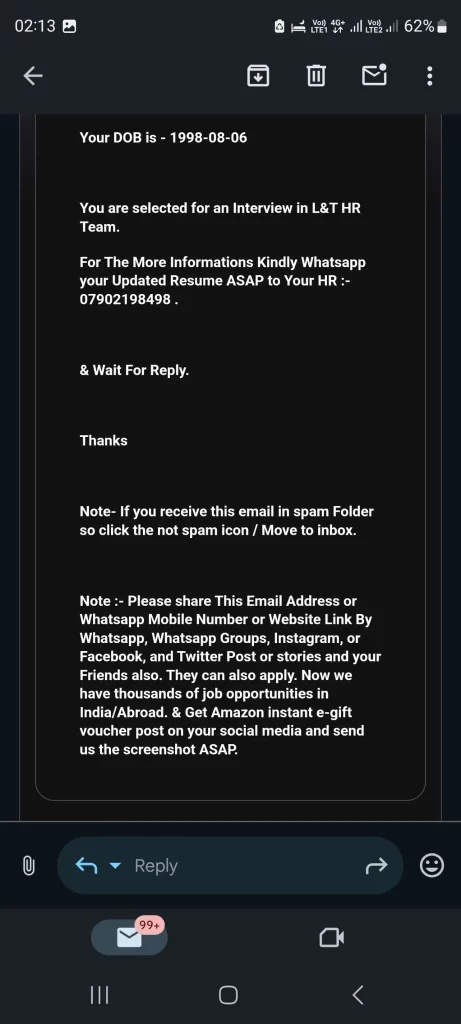 screenshot of fake job interview email asking applicant to send resume via WhatsApp