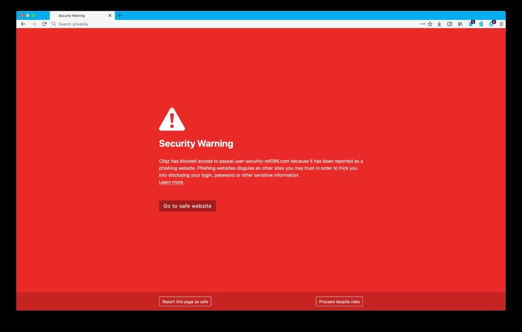 browser security warning showing a phishing website blocked for suspicious activity