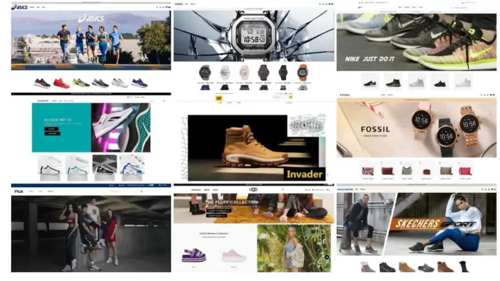 grid of cloned brand ecommerce websites often copied by scammers