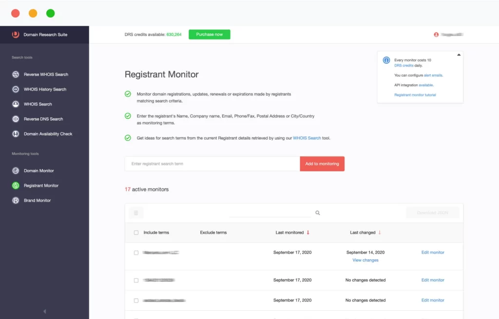 domain registrant monitoring tool showing whois and domain ownership tracking dashboard