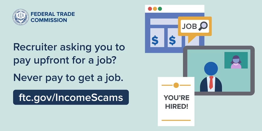 Federal Trade Commission graphic warning about job scams that ask applicants to pay upfront fees