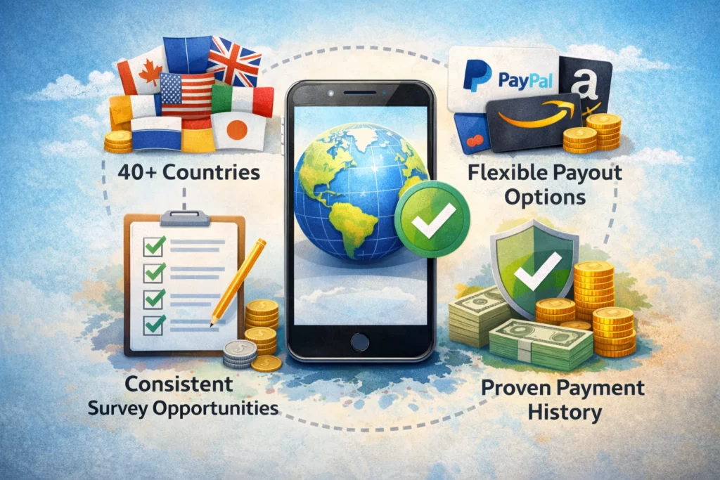 global paid survey app criteria illustration showing international availability, PayPal payouts, consistent surveys, and trusted payment history