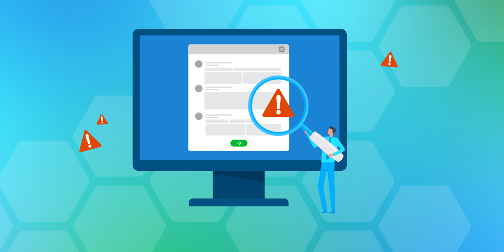 Illustration of computer screen displaying survey form with warning alert symbol and magnifying glass highlighting scam risk indicators