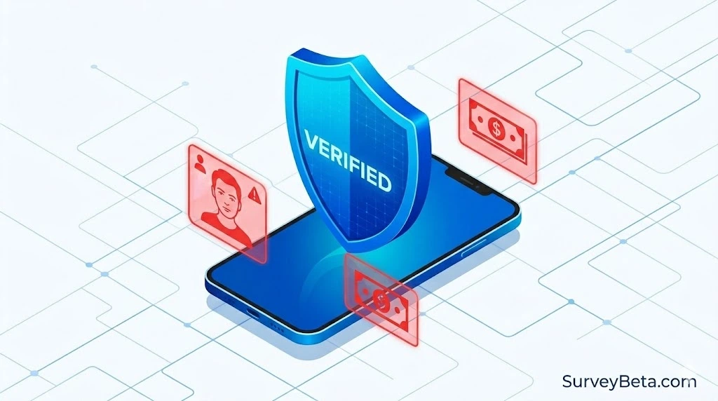 Illustration of verified security shield on smartphone with warning icons for fake profiles and scam payments representing survey site verification and fraud protection