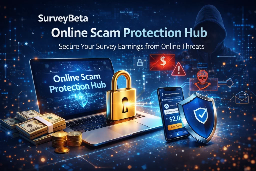 SurveyBeta 2026 Online Safety Center dashboard showing a shield protecting a smartphone from paid survey scams and AI fraud.