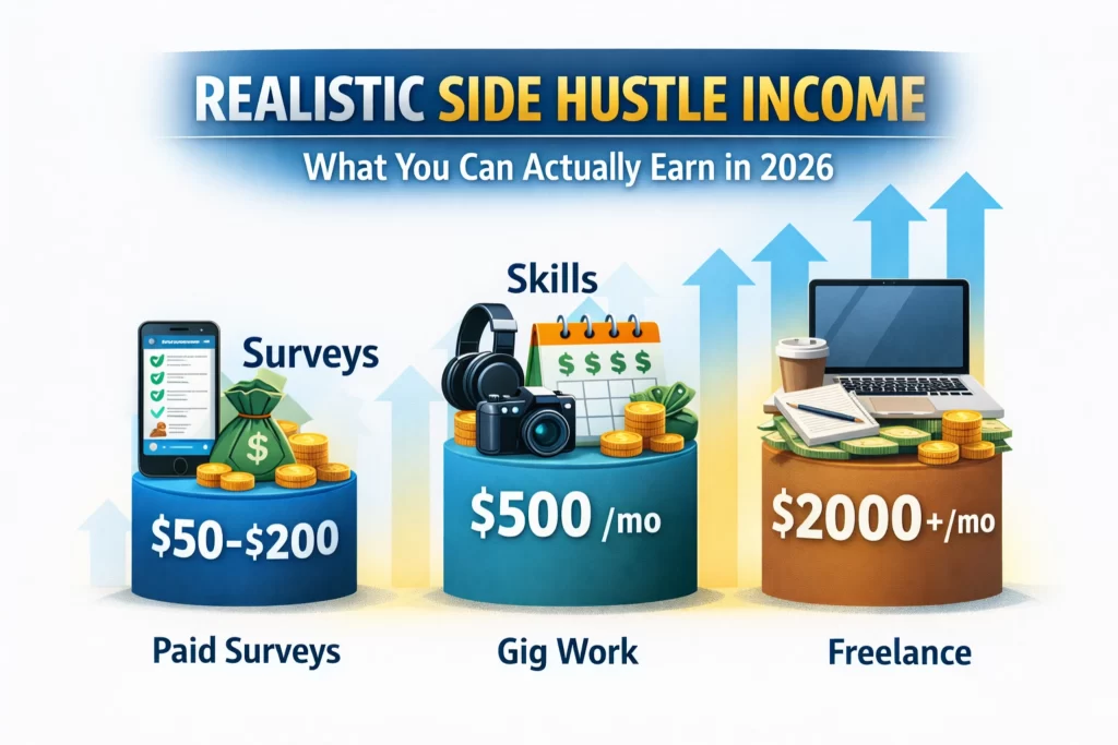 realistic side hustle income in 2026 comparison showing paid surveys earning $50 to $200 per month, gig work around $500, and freelance income $2000 plus