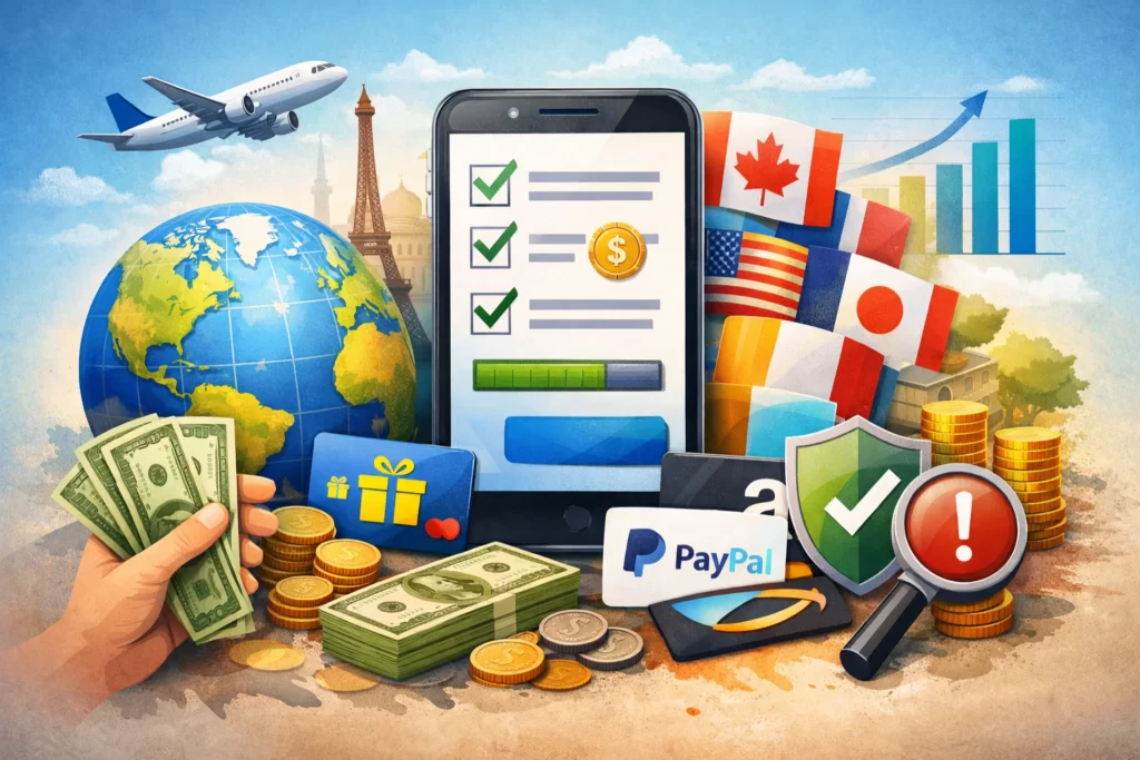 global paid survey apps illustration with smartphone, world map, money, and international flags representing earning opportunities worldwide