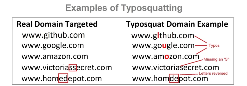 Examples of typosquatting domain scams showing fake URLs that mimic real websites through letter swaps, missing characters, and reversed letters
