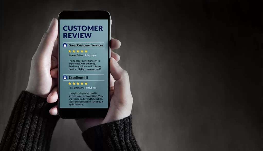 smartphone displaying customer reviews and ratings used to verify survey website reputation