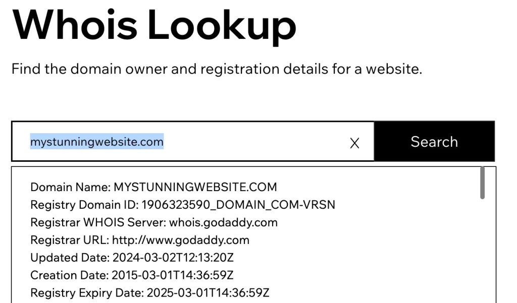 whois lookup showing domain registration details for a website