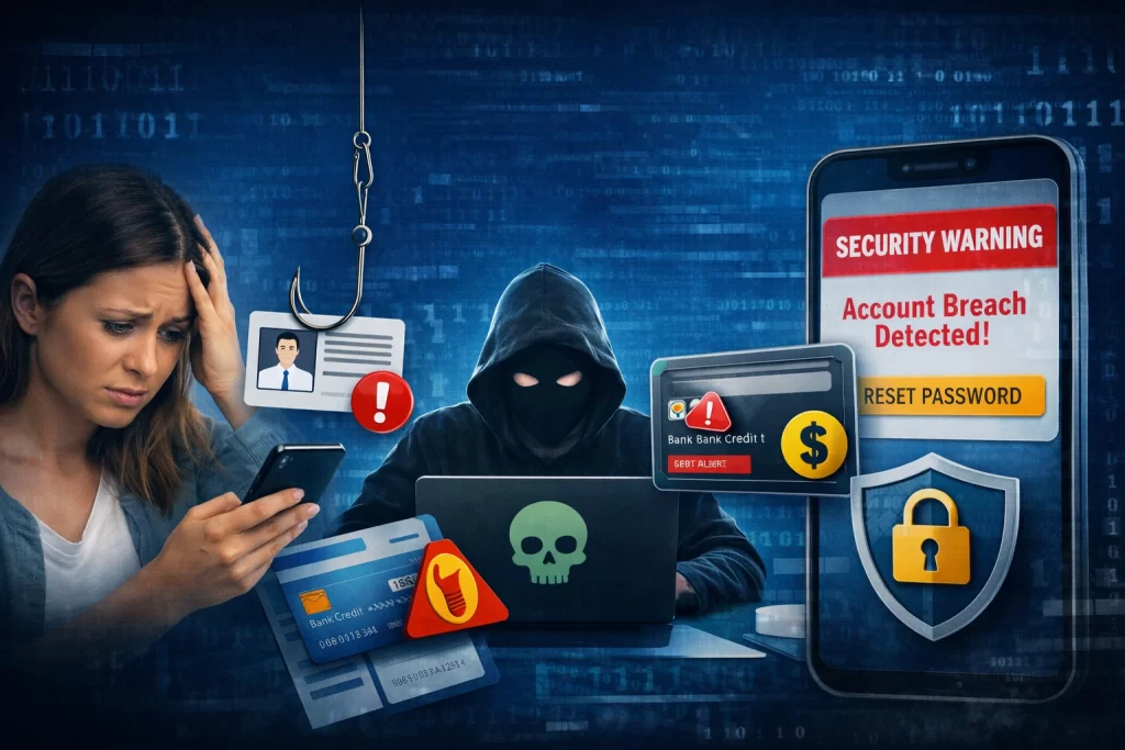 Woman looking stressed at a laptop with a digital skull and crossbones icon representing a cyber scam.
