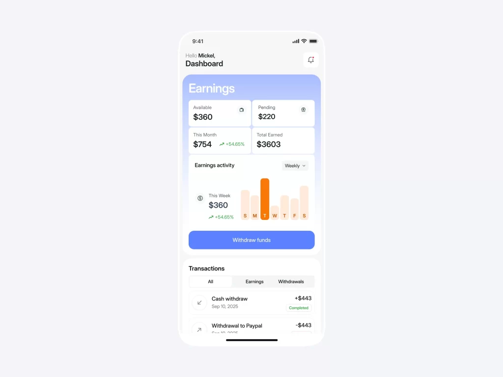 Mobile app earnings dashboard showing available balance, pending earnings, monthly income stats, and weekly activity chart with withdraw funds button