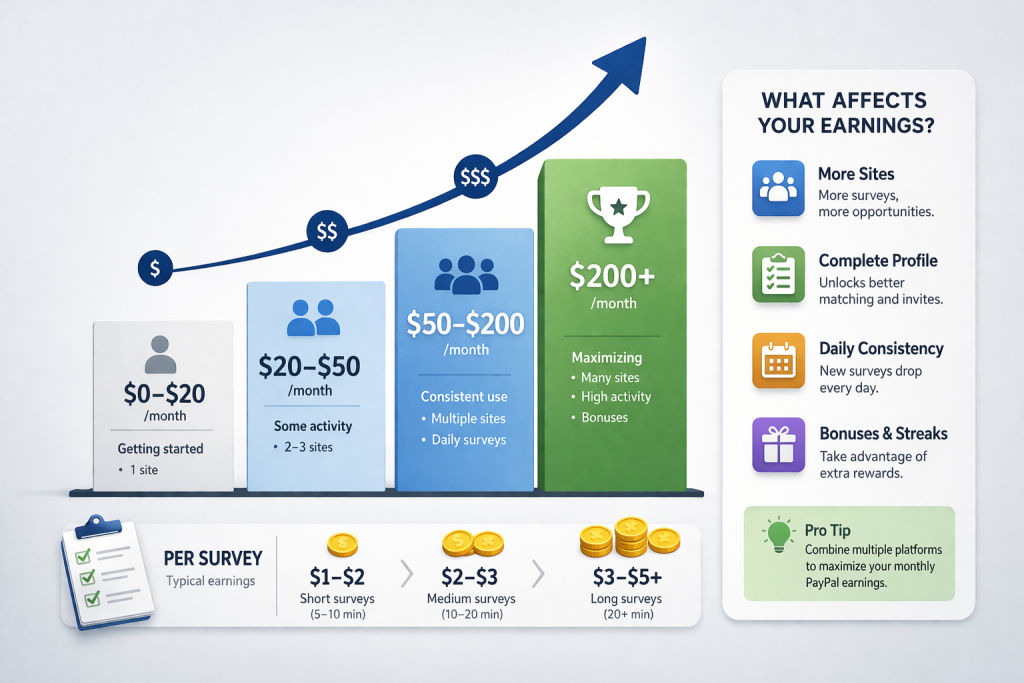 PayPal survey earnings chart showing monthly income potential from survey sites and how earnings increase with consistent use