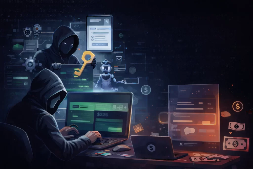 Hooded hackers creating a fake survey website on laptops with digital scam elements and money icons in a dark environment