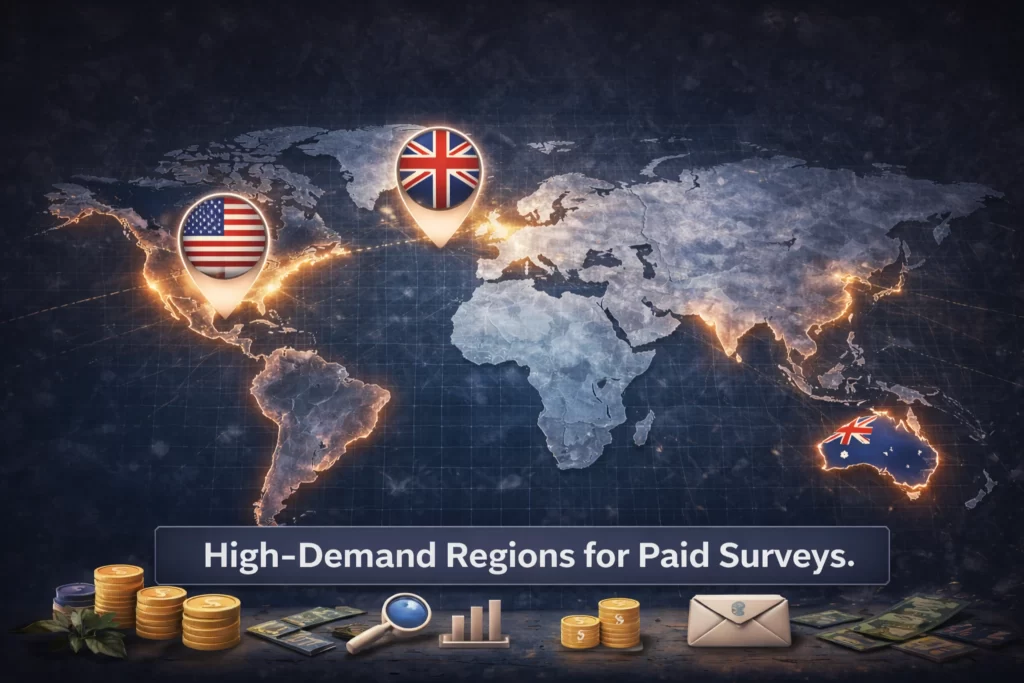 World map showing high demand regions for paid surveys including the United States, United Kingdom, and Australia with highlighted locations