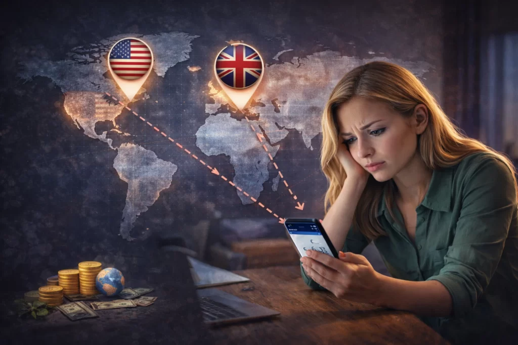 Person looking frustrated at phone while checking low survey earnings with global map showing limited high value regions