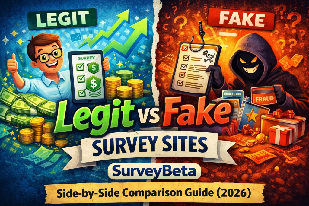 Side-by-side comparison of a legitimate survey site interface with green "verified" icons versus a fake survey site with red warning flags and a "scam" character.