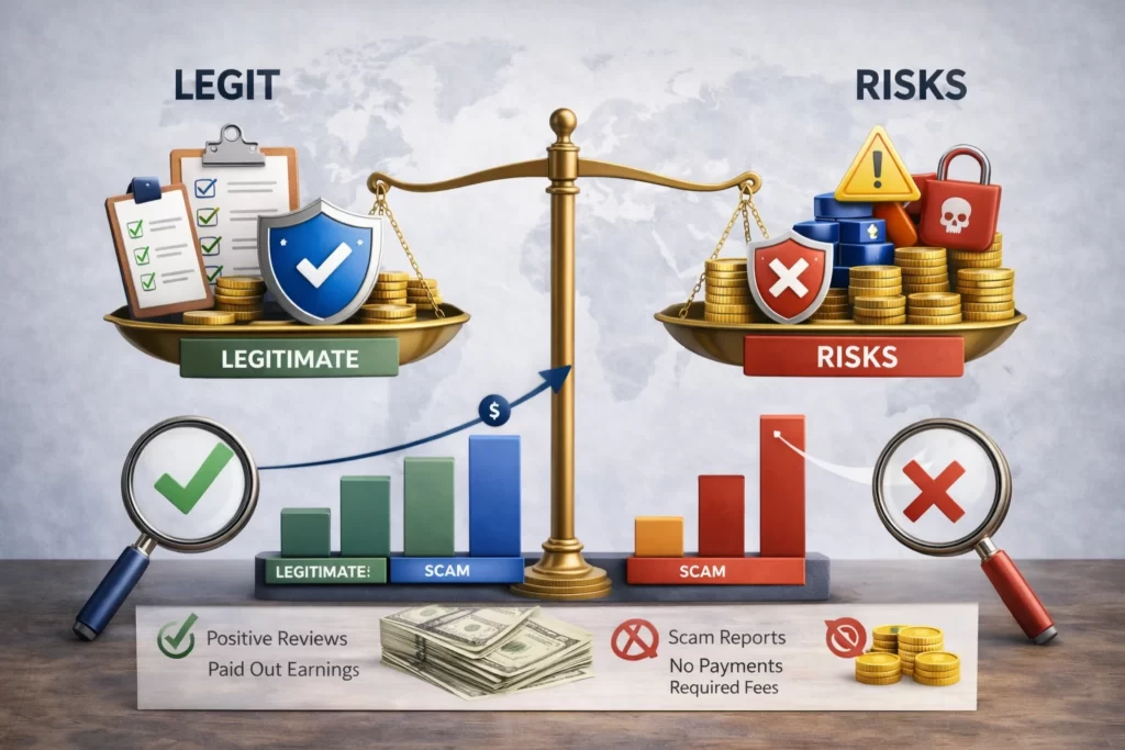 visual comparison of legitimate vs scam PayPal survey sites showing risk and reward balance with earnings and warning indicators