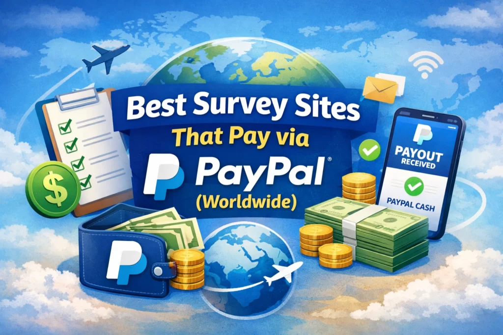 Best survey sites that pay PayPal worldwide with global access, fast payouts, and online earnings illustration
