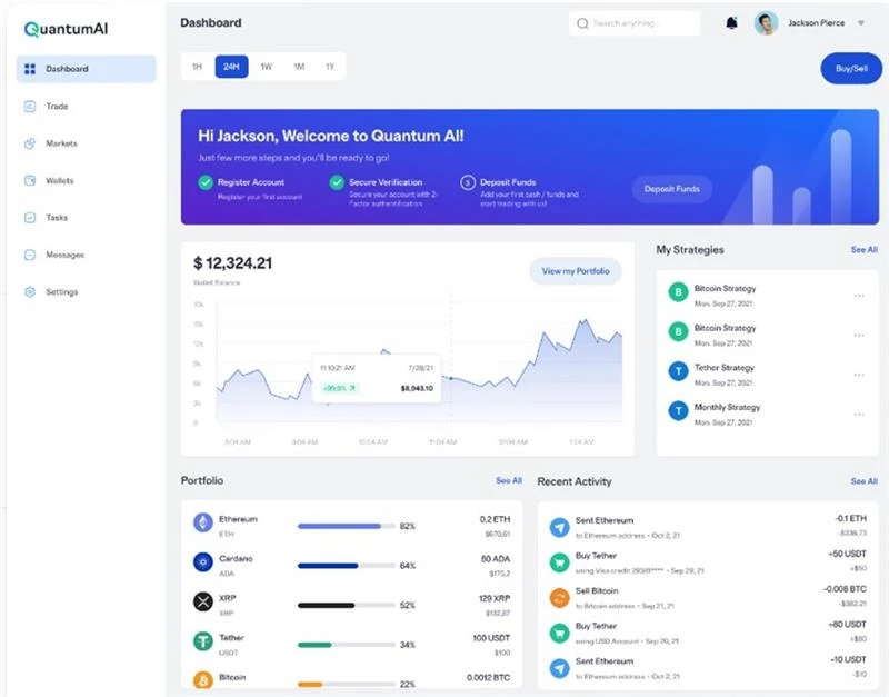 Crypto trading dashboard showing portfolio balance, performance chart, asset allocations, and recent transactions in a modern interface