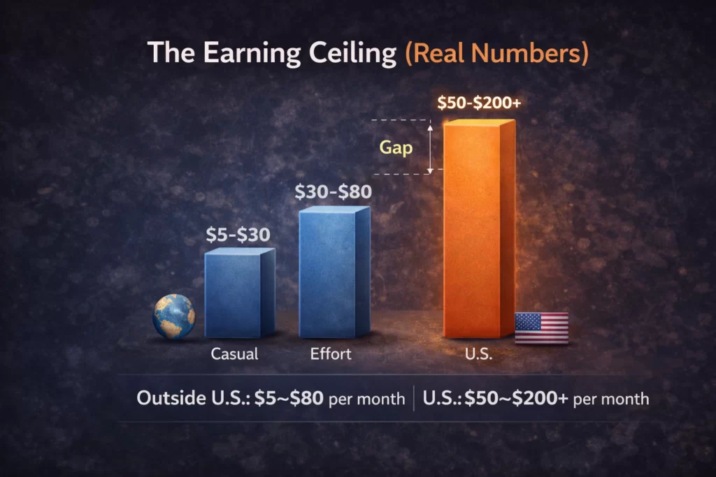 Bar chart comparing paid survey earnings outside the United States versus U.S. users showing lower global income ranges