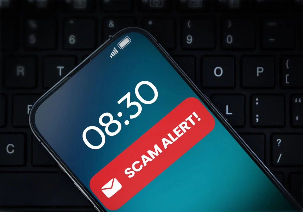 Smartphone showing a scam alert warning about fake survey sites