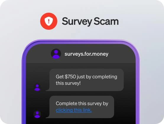 Mobile phone showing survey scam message promising $750 reward and asking user to click a link from suspicious sender