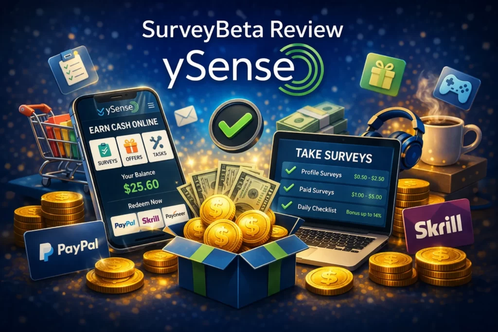 ySense review featured image showing surveys cash rewards PayPal and earning dashboard