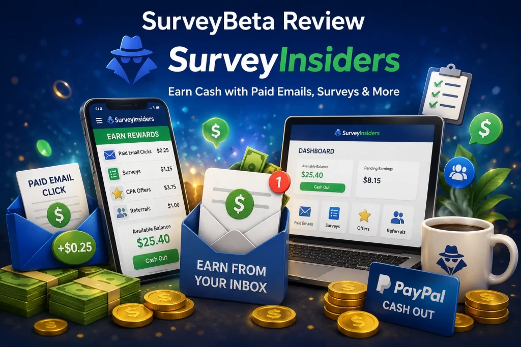 SurveyInsiders Review on SurveyBeta showing paid email rewards, surveys, PayPal cash out, and dashboard earnings