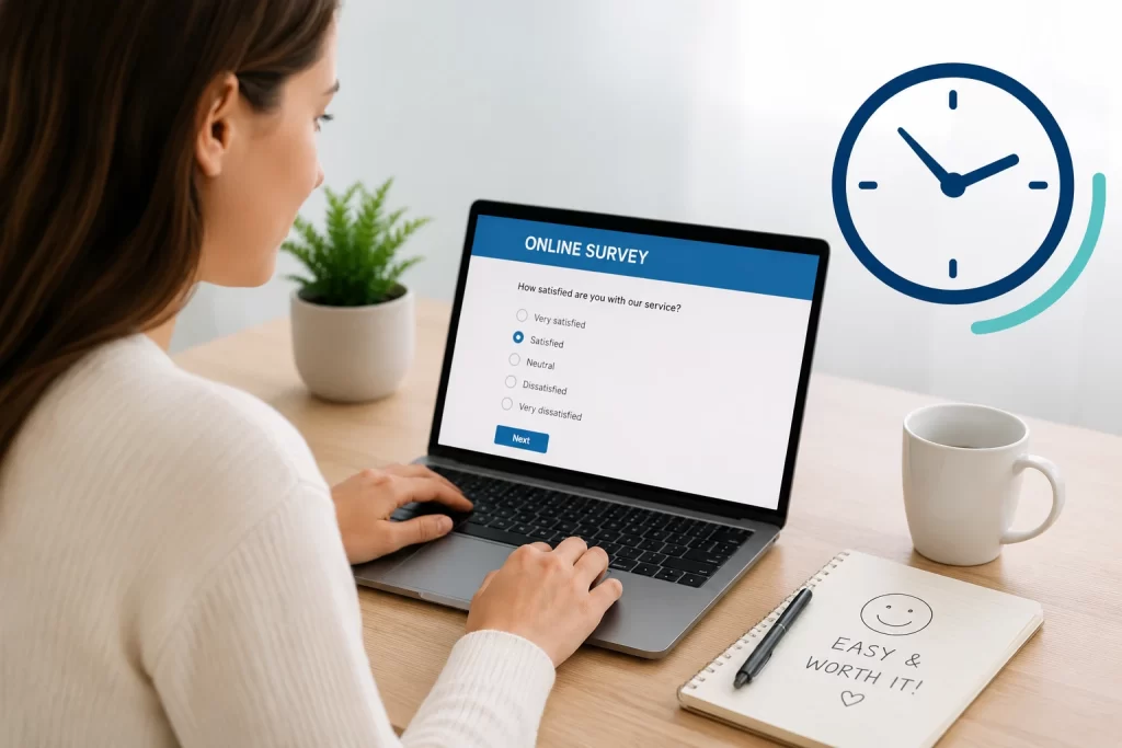 Person completing an online survey on a laptop while a clock icon represents the time required to finish the survey.